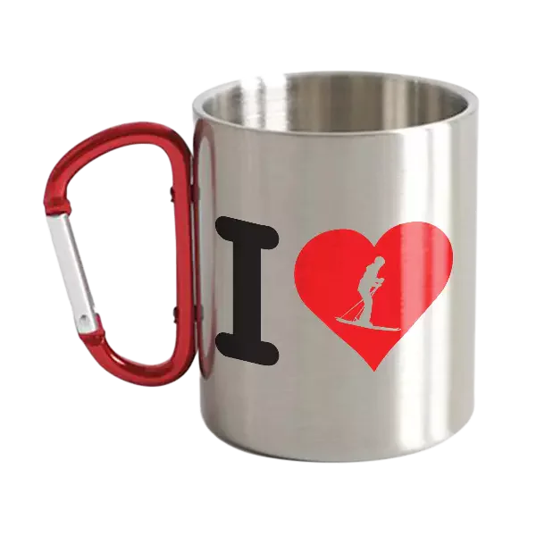 I Love Skiing roestvrijstalen dubbelwandige karabijnhaakmok 12oz