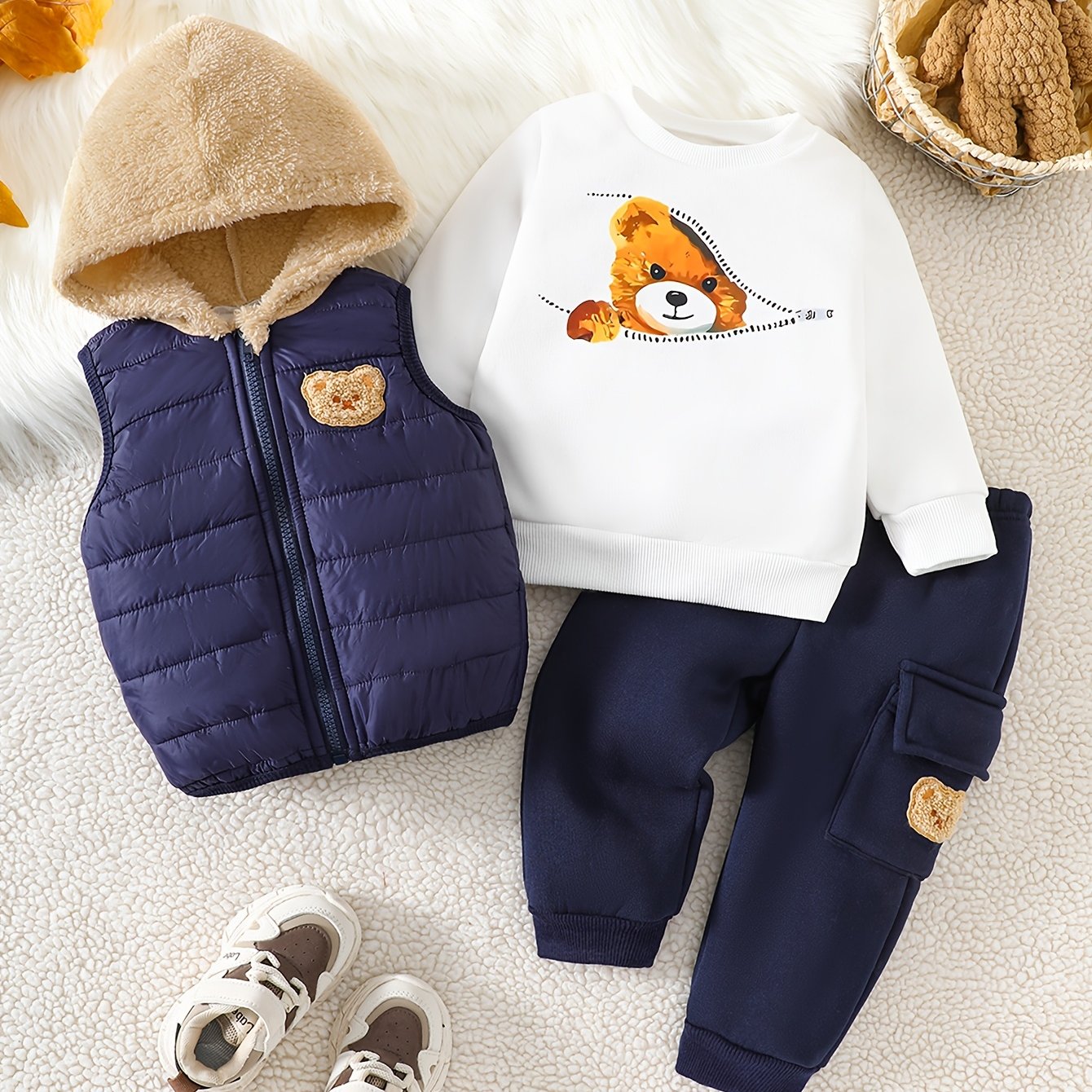 3pcs Set Baby Boy Bear Embroidery Plush Hooded Vest + Bear Print Sweatshirt + Bear Embroidery Cargo Pants | Windproof, Warm, Fleece-Lined, Ideal for Fall, Outdoor Essential, for Outdoor