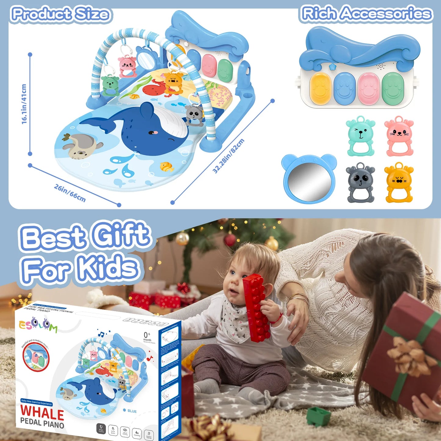 Baby Play Mat Baby Gym For Floor, Kick And Play Piano Mat Gym, Tummy Time Baby Activity Mat With 5 Infant Sensory Baby Toys, Mus