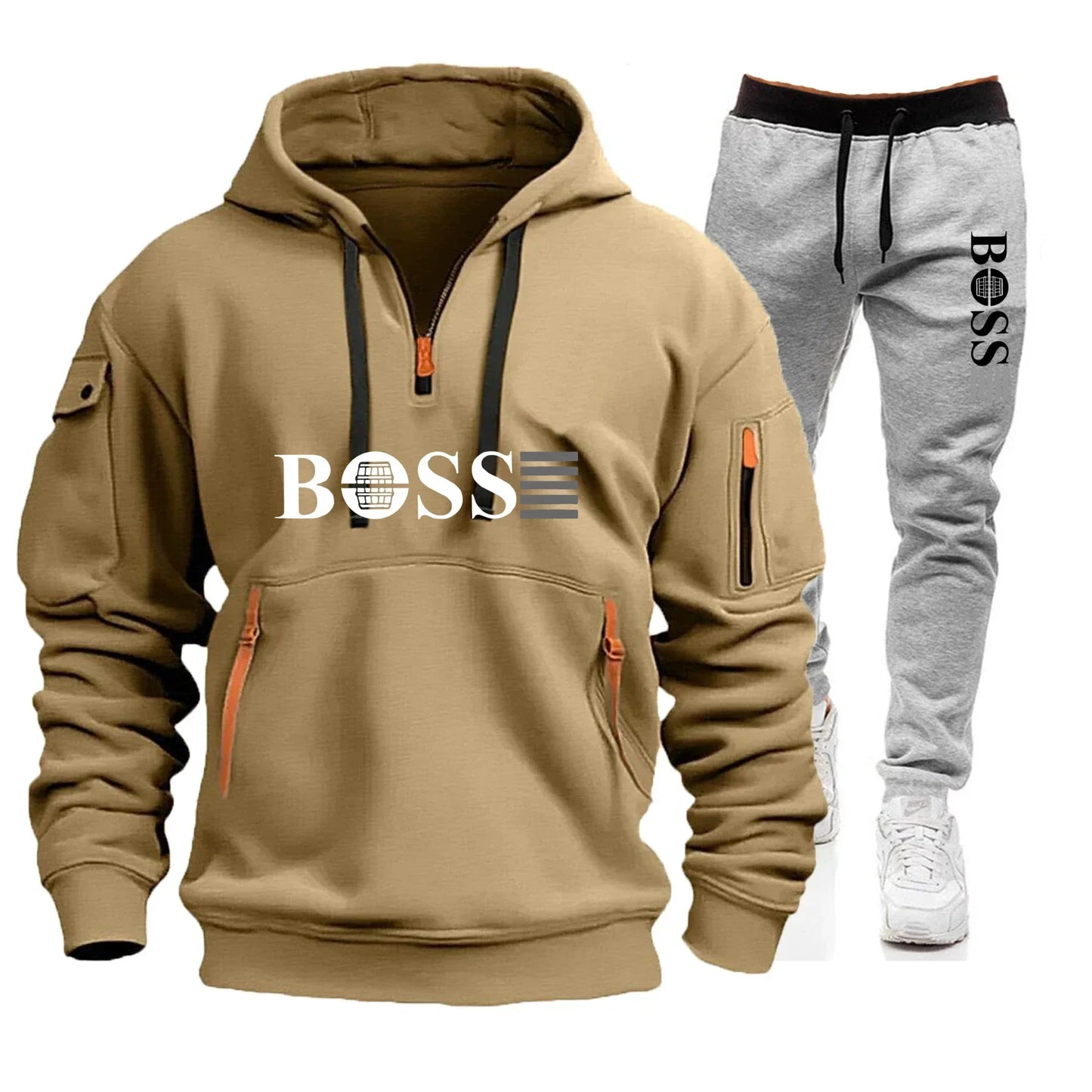 Men's Autumn and Winter New Pullovers Hoodie and Pants 2-piece Set, Outdoor Jogging Windproof Zipper Warm Men's Sportswear