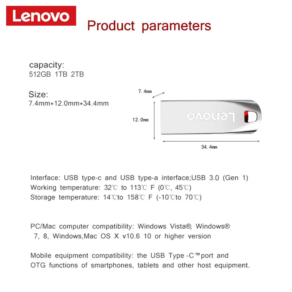 Lenovo 2 TB USB-Flash-Laufwerke Mini Metall Reale Kapazität Memory Stick Schwarz Pen Drive Kreatives Geschäftsgeschenk Silber Speicher U Disk