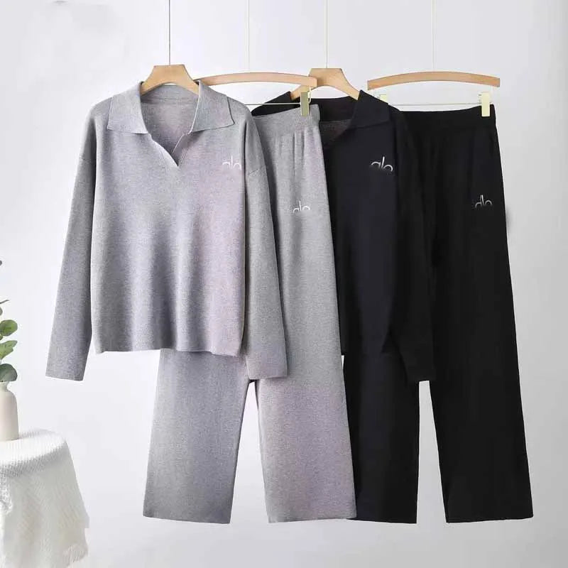 Street Style Knitted Set Women's Polo Collar Long Sleeve Sweater Wide Leg Pants Two Piece Set Autumn Winter Fashion Elegant