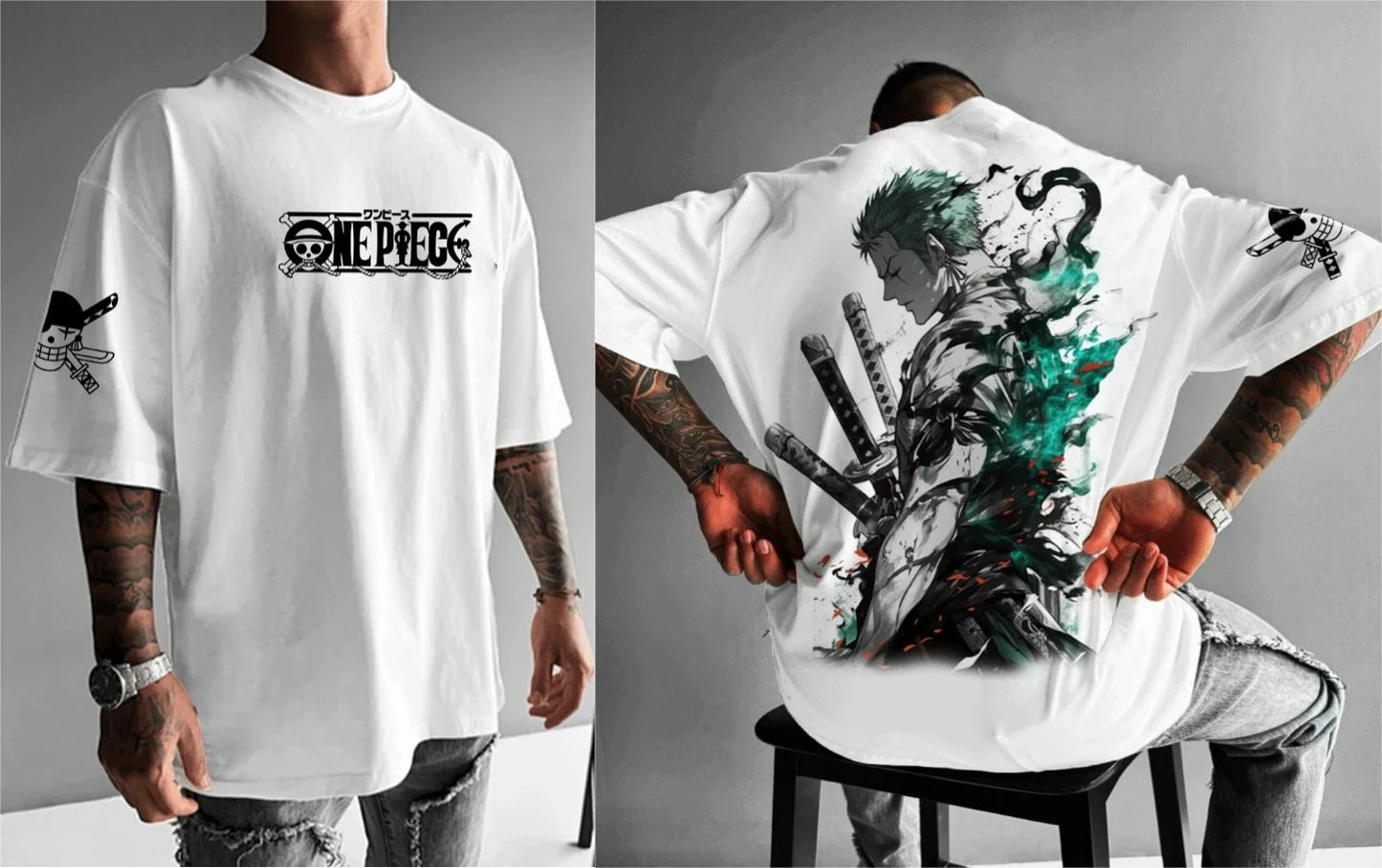 The Latest ONE PIECE Japanese-style Animation Loose Large-size Retro Heavy Cotton Couple Crew Neck Short-sleeved T-shirt