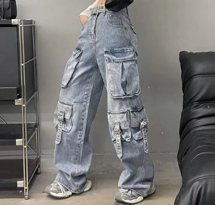 Autumn American Vintage Street Trendy Multi-pocket Workwear Jeans