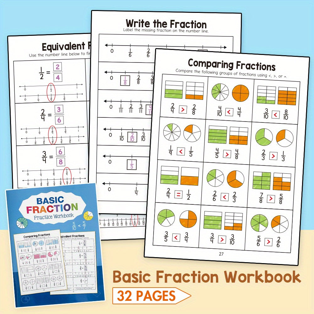 Math Fractions Workbook, Math Learning Materials, Math Cognitive Materials, Suitable for Home and School Classroom Math Fractions Learning Supplies, Math Fractions Learning Aids