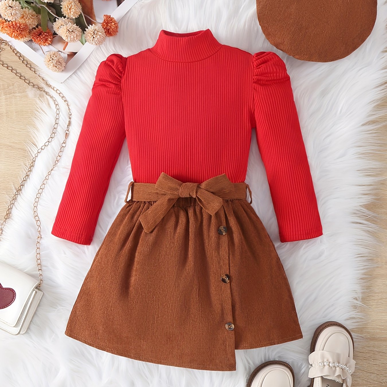 Young Girl's High-Neck Striped T-Shirt, Corduroy Belted Skirt, and Hat 3pcs Set for Autumn/Winter
