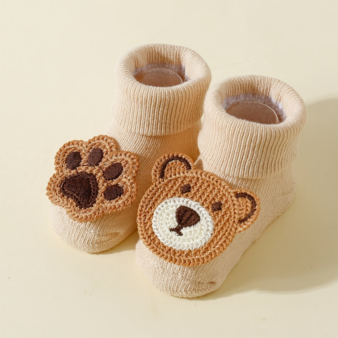 4-Pack Baby Bear Design Non-Slip Mid-Calf Socks - Soft Polyester All-Season Warmth, Hand Wash Only Infant Floor Socks for Newborns & Infants, Newborn Socks, Baby Warmth Essentials, Crochet Texture