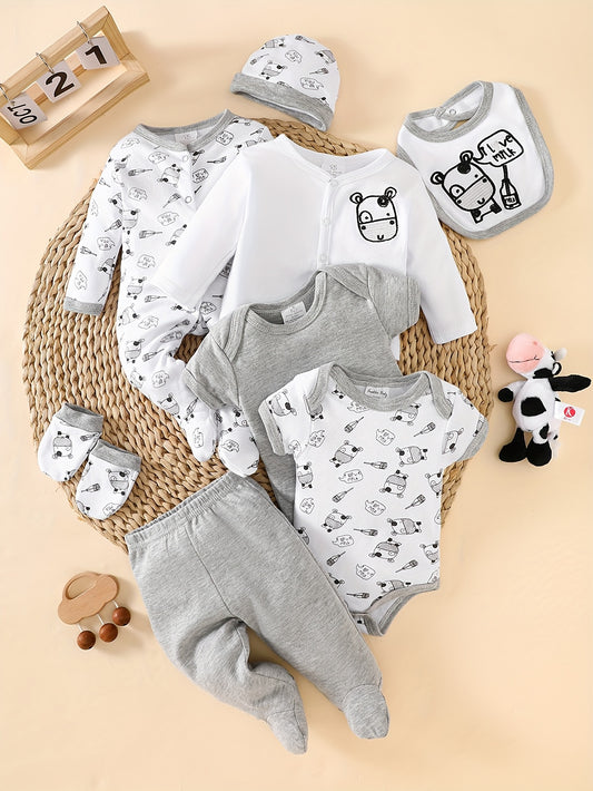 8pcs Newborn Baby Boy Set, 100% Cotton for Comfort and Breathability. Includes 4 Tops, Pants, Hat, Bib, and Socks with Adorable Cow Print. Suitable for Crawling and Playing, Fits 0-9 Months. Ideal as a Gift, Perfect for Outdo