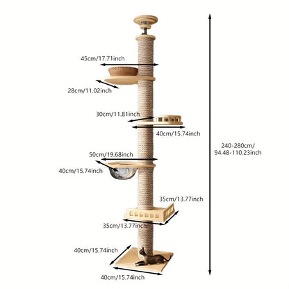 1pc Cat Tree Tower with Multiple Platforms, Scratching Posts & Perches - Sturdy Wooden Frame, Easy Assembly, Space-Saving Indoor Cat Furniture for Climbing, Resting & Play, Cat Climbing Tower, Modern Pet Decor, Natural Look D