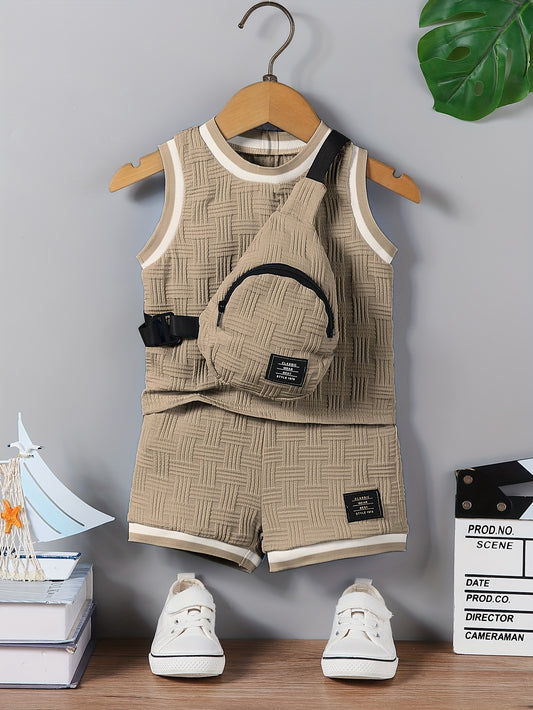 3pcs Boys' Summer Rib-Knit Crew Neck Vest And Shorts Set with Diagonal Backpack | Casual Solid Color Outfit, Suitable for Outdoor Wear