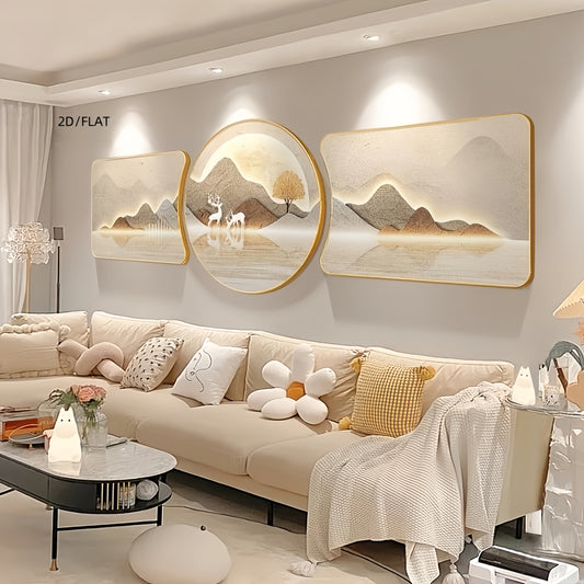 2D Flat 2D/FLAT 3pcs High-End Crystal Porcelain, New Chinese-Style Luxury Sofa Background Wall Decoration, Landscape And Deer Combination Set, Exuding a Sense of Sophistication, Enhancing The Home Atmosphere.