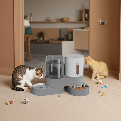 Four-Season Automatic Cat Food and Water Bowl Combo with 360° Rotating Station, Anti-Tip Design - Large Capacity Feeder & Drinker for Multi-Cat Homes & Senior Pets - Modern Minimalist Home/Office Style, Easy-to-Clean Materia
