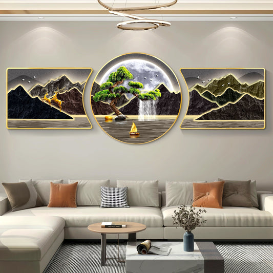3PC2D Planar Landscape Art Decoration Painting, Crystal Fine Porcelain Painted Mural Suitable for Decorating Living Rooms, Bedrooms, Dining Rooms, And Offices.