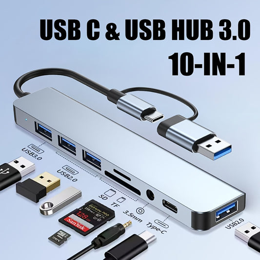 8-in-1 Hub, USB & Type-C Ports, Multi-Function Docking Station with USB 3.0 + USB-C + SD/TF + 3.5mm Audio, Supports Smooth Multi-Port Collaboration for Video and Audio Output on Phones, Tablets, and Computers