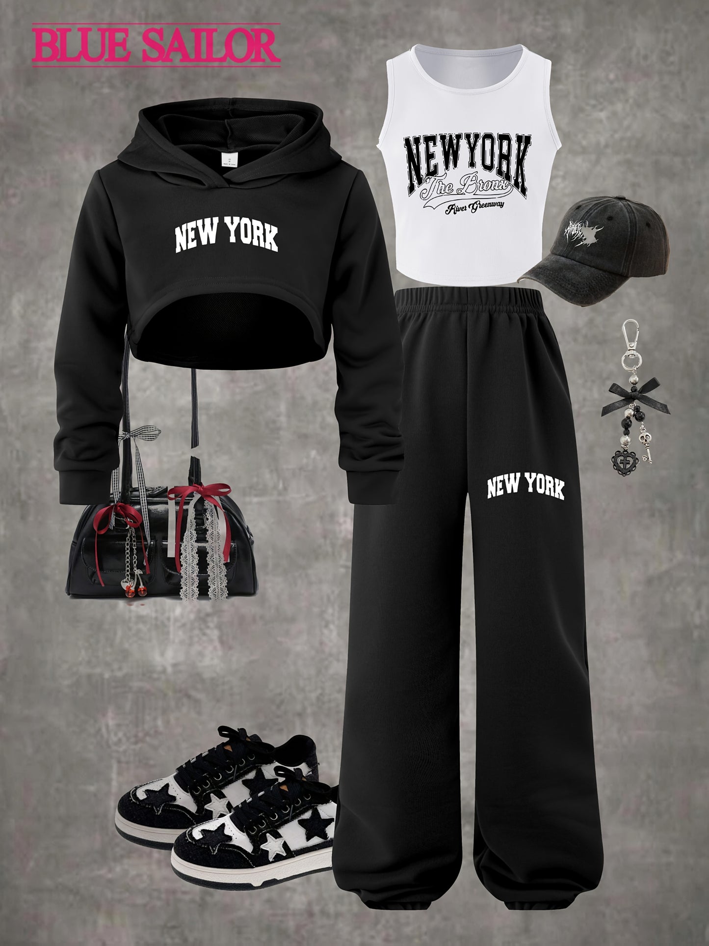 P7967(G18) 3pcs NEW YORK Girls' Long-Sleeve Hooded Cropped Sweatshirt, Tank Top, And Long Pants Casual Fashion Sports Outdoor Set, for Outdoor