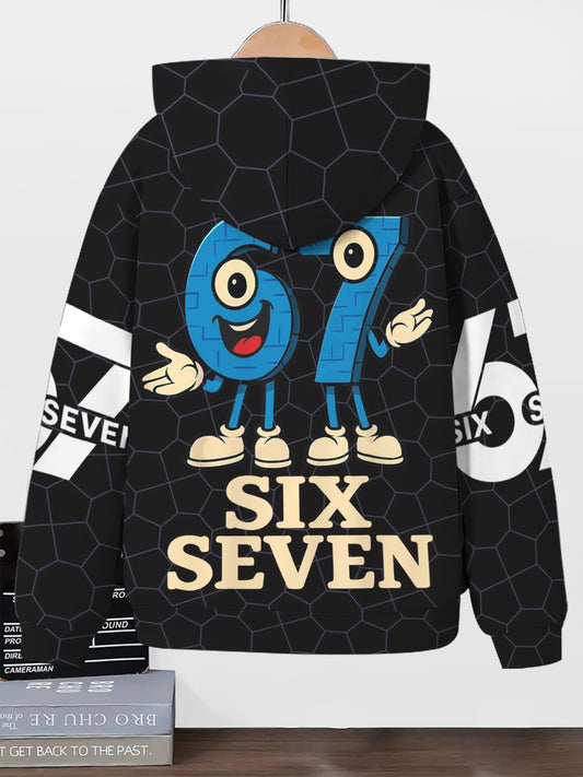 SIX SEVEN 67 Pattern Print Boys' Fall Winter Hooded Zip-Up Sweatshirt, Cartoon Monster Print, Fashion Casual Children's Clothing, Gift for Holiday Party