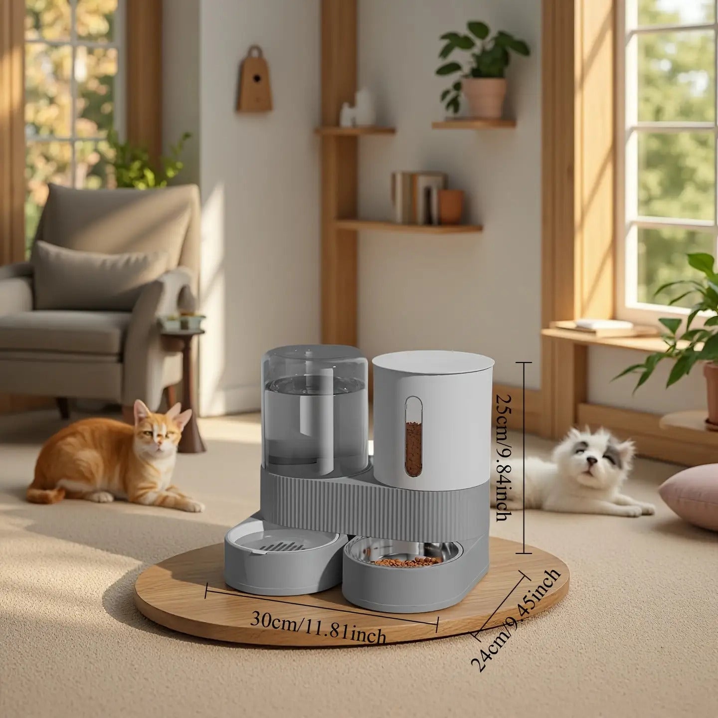 Four-Season Automatic Cat Food and Water Bowl Combo with 360° Rotating Station, Anti-Tip Design - Large Capacity Feeder & Drinker for Multi-Cat Homes & Senior Pets - Modern Minimalist Home/Office Style, Easy-to-Clean Materia