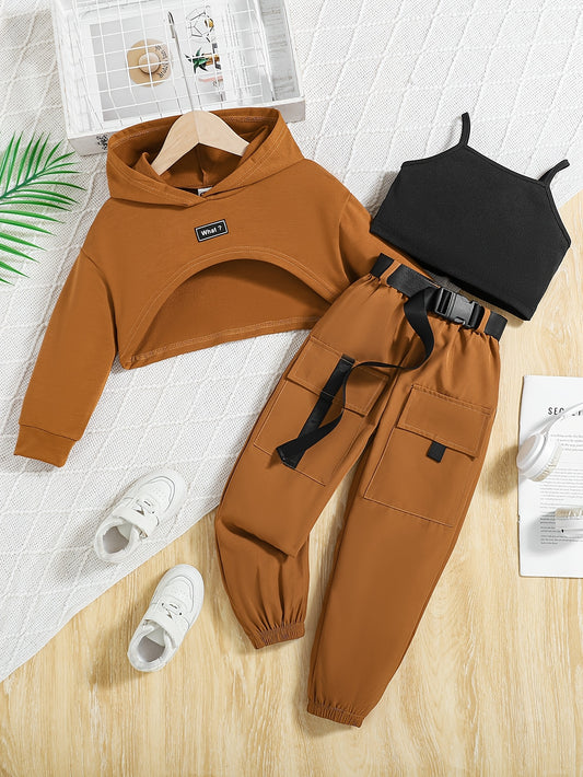 Three-Piece Girls' Fashion Set, Short Hooded Sweatshirt & Camisole Top & Jogger Pants Set, Casual Long Sleeve Top, Spring and Autumn Children's Clothing, Perfect for Outdoor