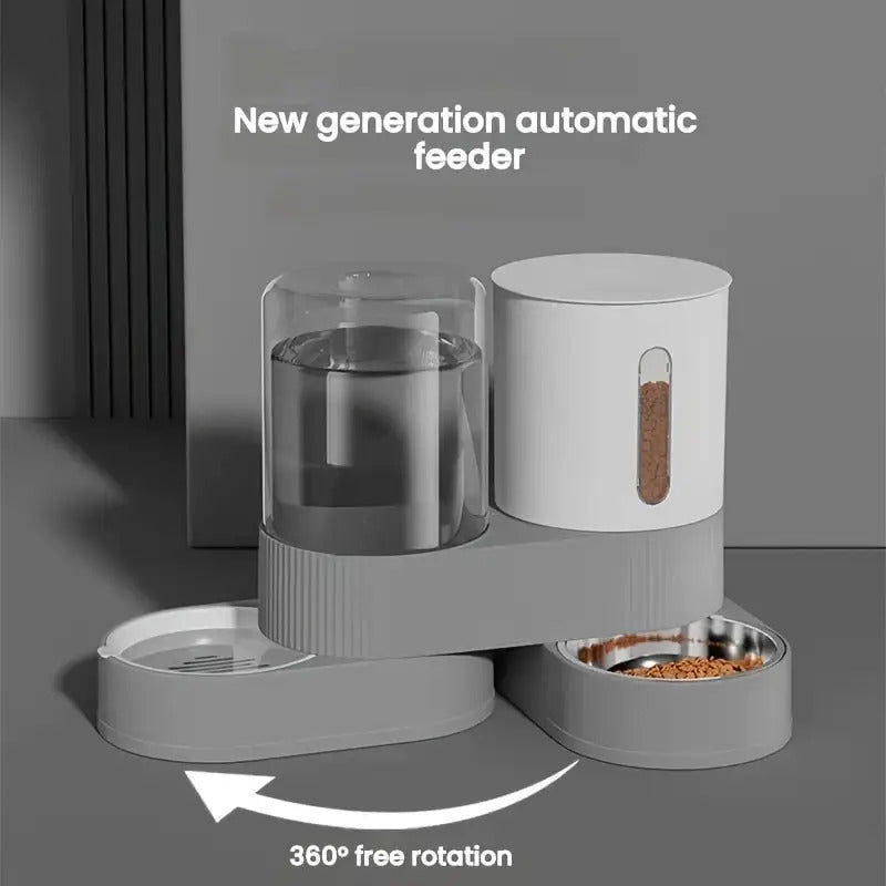 Four-Season Automatic Cat Food and Water Bowl Combo with 360° Rotating Station, Anti-Tip Design - Large Capacity Feeder & Drinker for Multi-Cat Homes & Senior Pets - Modern Minimalist Home/Office Style, Easy-to-Clean Materia