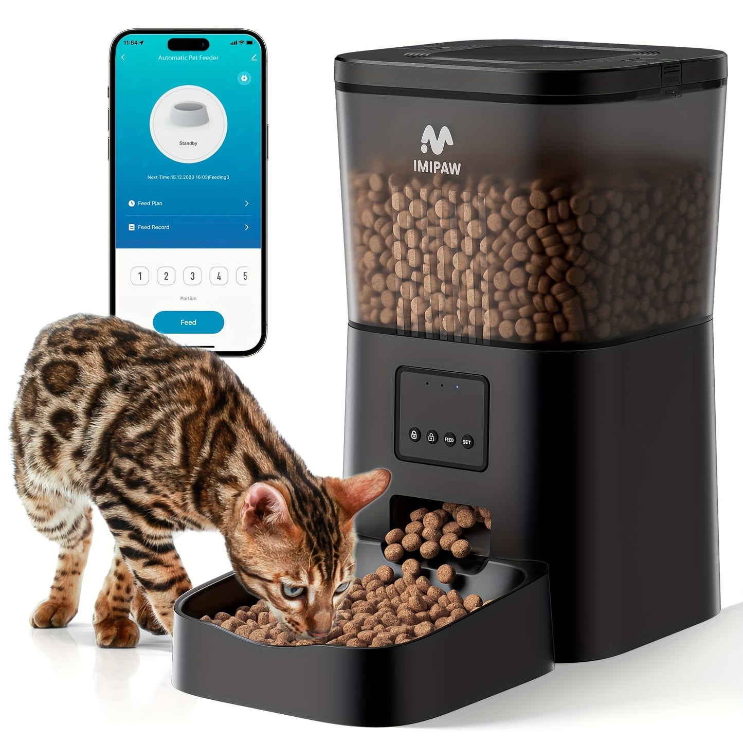 1pc IMIPAW Smart WiFi Cat Feeder, 4L/135oz Automatic Pet Food Dispenser with App Control, Timed Feeding for Cats and Small Dogs, Dual Power Battery/USB, No Battery Included