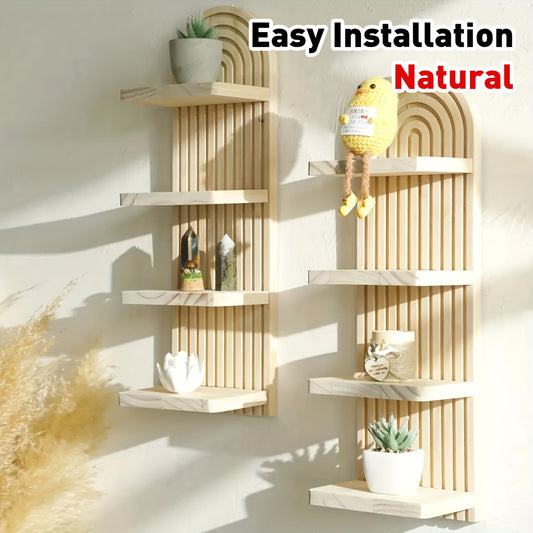1pc Multi-Layer Bohemian Wall Shelf - Natural Wood Grain Vertical Hanging Storage Rack, Suitable for Living Room, Bedroom, Office - Farmhouse, Modern, Bohemian Home Decor - Space-Saving Plant, Book, Decoration Shelf - Easy In