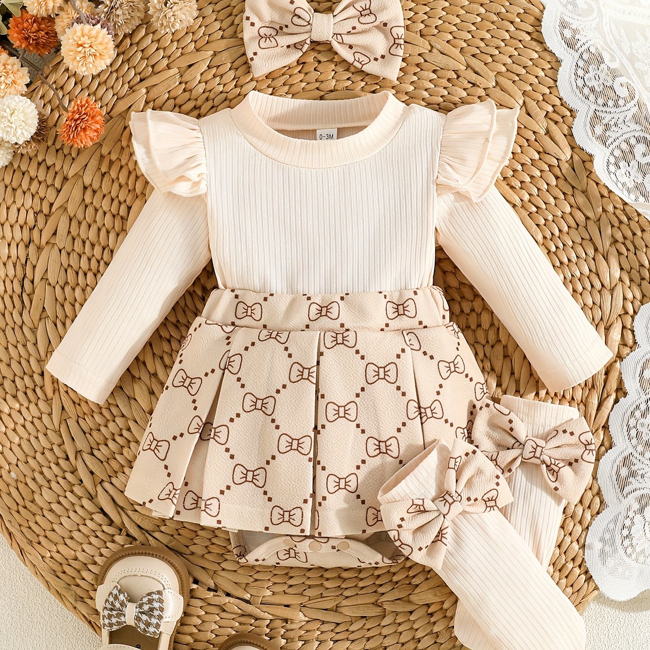 Girls' Fashion Butterfly Print Long Sleeve Dress + Bow Hair Accessory + Pair of Socks, Perfect for Outdoor