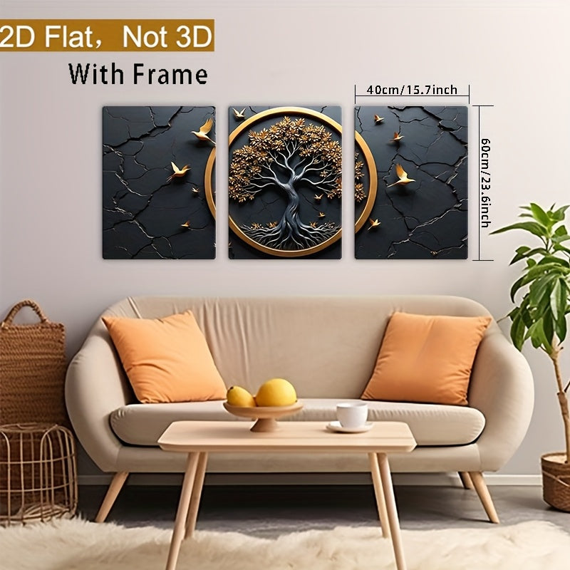 2D Flat Framed, 3pcs Set of Wooden Frame Canvas Art - Celtic Tree of Life Abstract Golden Birds and Animals Creative Poster, Home Wall Decor, Framed 2D Plane Art, Living Room Decor, Room Decor, Durable Material, Highquality P