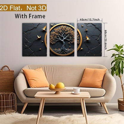 2D Flat Framed, 3pcs Set of Wooden Frame Canvas Art - Celtic Tree of Life Abstract Golden Birds and Animals Creative Poster, Home Wall Decor, Framed 2D Plane Art, Living Room Decor, Room Decor, Durable Material, Highquality P