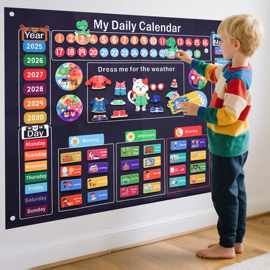 47pcs children's felt calendar flash card learning board, life planning chart schedule busy board, wall mounted boys and girls' birthday gifts, time date weather cognition chart 102.11X74.93cm