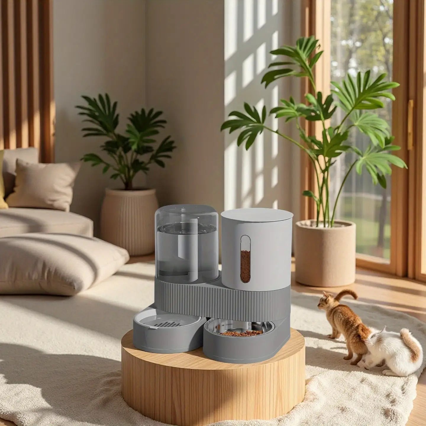 Four-Season Automatic Cat Food and Water Bowl Combo with 360° Rotating Station, Anti-Tip Design - Large Capacity Feeder & Drinker for Multi-Cat Homes & Senior Pets - Modern Minimalist Home/Office Style, Easy-to-Clean Materia