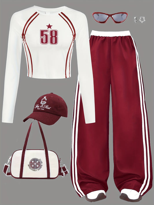 2pcs Girls' Casual Fashion Set, Stretch Raglan Long Sleeve T-Shirt and Contrast Waistband Wide Leg Pants, Contrast Webbing Design, Casual Sportswear, Spring/Autumn Style, Back to School Season, Excludes Hat, Bag, and Shoes, P