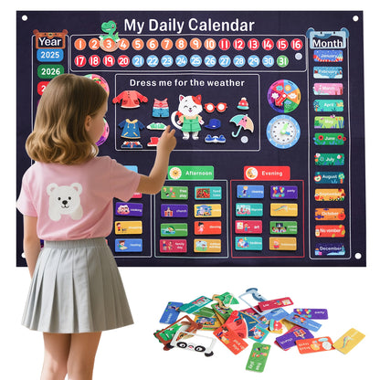 47pcs children's felt calendar flash card learning board, life planning chart schedule busy board, wall mounted boys and girls' birthday gifts, time date weather cognition chart 102.11X74.93cm