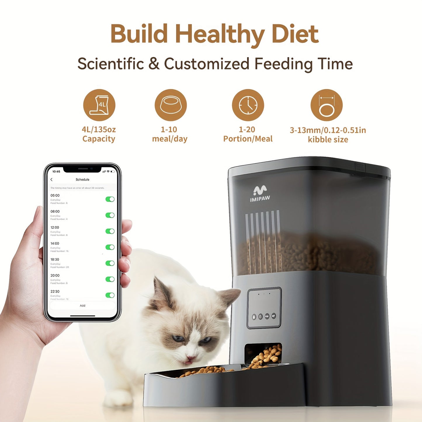 1pc IMIPAW Smart WiFi Cat Feeder, 4L/135oz Automatic Pet Food Dispenser with App Control, Timed Feeding for Cats and Small Dogs, Dual Power Battery/USB, No Battery Included