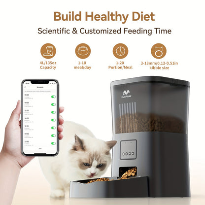 1pc IMIPAW Smart WiFi Cat Feeder, 4L/135oz Automatic Pet Food Dispenser with App Control, Timed Feeding for Cats and Small Dogs, Dual Power Battery/USB, No Battery Included