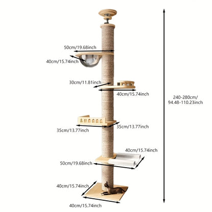 1pc Cat Tree Tower with Multiple Platforms, Scratching Posts & Perches - Sturdy Wooden Frame, Easy Assembly, Space-Saving Indoor Cat Furniture for Climbing, Resting & Play, Cat Climbing Tower, Modern Pet Decor, Natural Look D