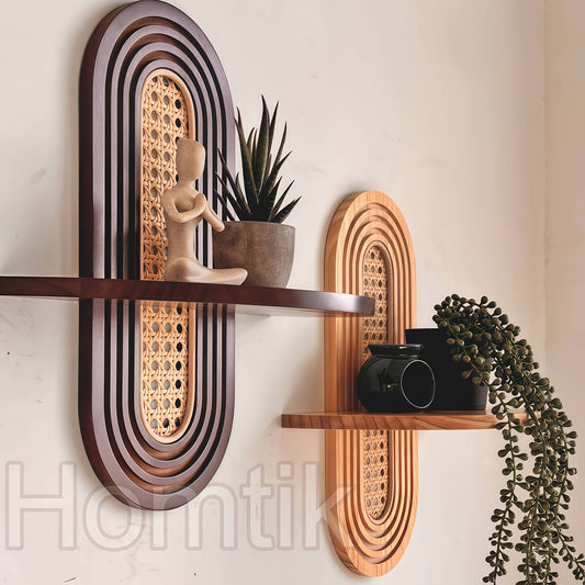 1pc Mid-Century Modern Boho Wooden Wall Shelf with Woven Rattan Detail - Bohemian Retro Vintage Minimalist Home Decor, Decorative Floating Shelf for Small Planters, Aesthetic Wall Art Decor for Living Room, Bedroom, Dining Ro