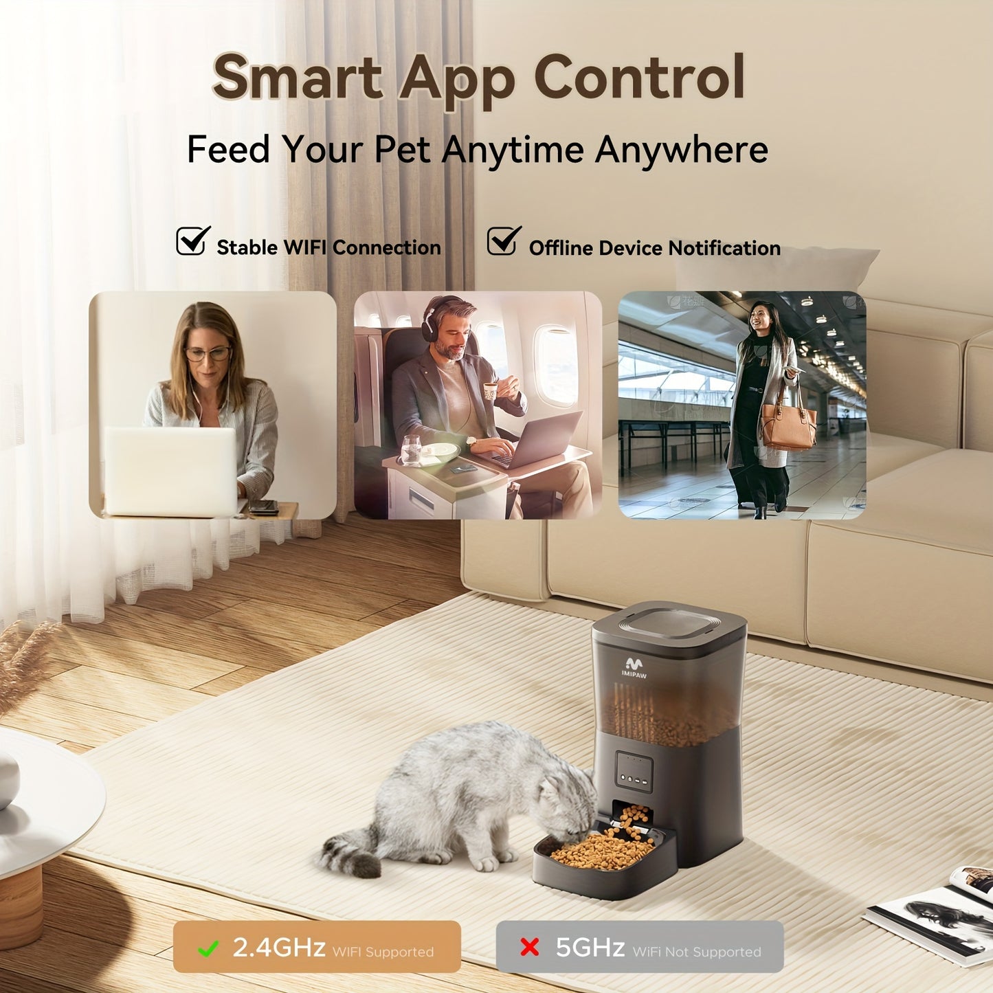 1pc IMIPAW Smart WiFi Cat Feeder, 4L/135oz Automatic Pet Food Dispenser with App Control, Timed Feeding for Cats and Small Dogs, Dual Power Battery/USB, No Battery Included