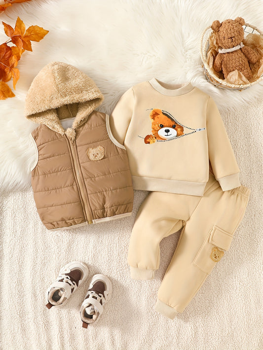 3pcs Set Baby Boy Bear Embroidery Plush Hooded Vest + Bear Print Sweatshirt + Bear Embroidery Cargo Pants | Windproof, Warm, Fleece-Lined, Ideal for Fall, Outdoor Essential, for Outdoor