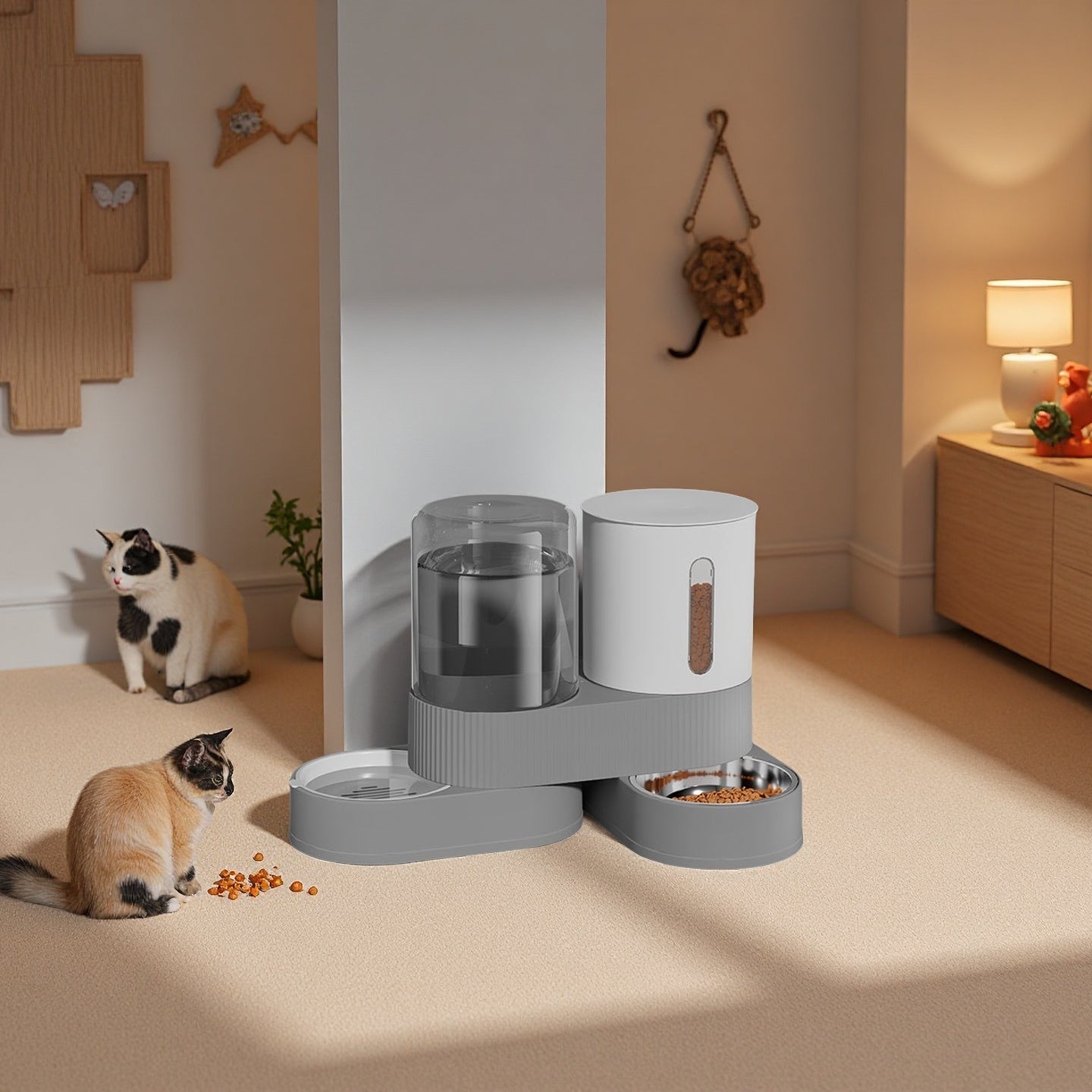 Four-Season Automatic Cat Food and Water Bowl Combo with 360° Rotating Station, Anti-Tip Design - Large Capacity Feeder & Drinker for Multi-Cat Homes & Senior Pets - Modern Minimalist Home/Office Style, Easy-to-Clean Materia