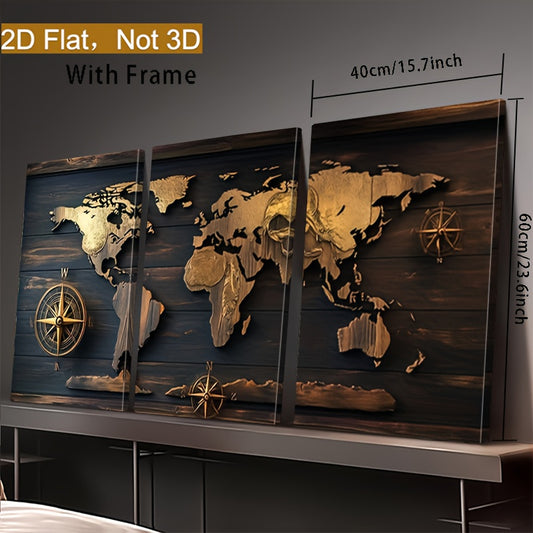 2D Flat Wood Frame Canvas Decorative Painting, 2D Flat, 3pcs Framed Modern Abstract Wall Art, Featuring a Vintage World Map, Perfect for Decorating the Living Room, Hallway, or Bedroom, 2D Flat