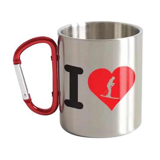 I Love Skiing roestvrijstalen dubbelwandige karabijnhaakmok 12oz 