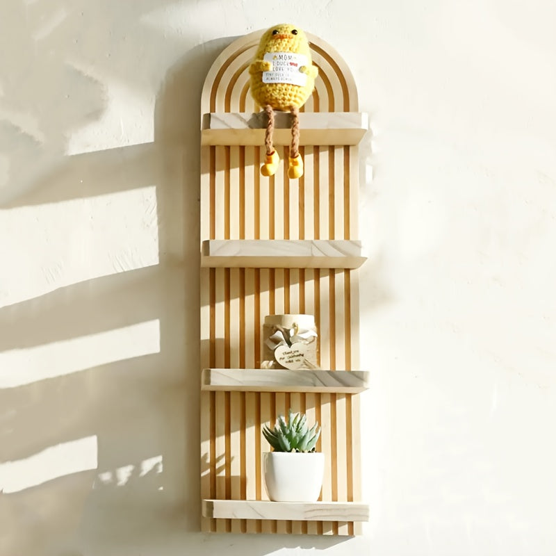 1pc Multi-Layer Bohemian Wall Shelf - Natural Wood Grain Vertical Hanging Storage Rack, Suitable for Living Room, Bedroom, Office - Farmhouse, Modern, Bohemian Home Decor - Space-Saving Plant, Book, Decoration Shelf - Easy In