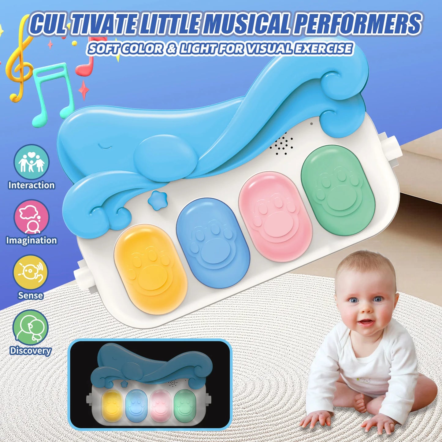 Baby Play Mat Baby Gym For Floor, Kick And Play Piano Mat Gym, Tummy Time Baby Activity Mat With 5 Infant Sensory Baby Toys, Mus