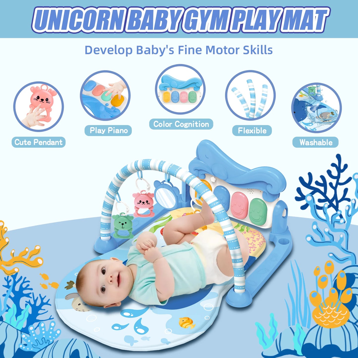 Baby Play Mat Baby Gym For Floor, Kick And Play Piano Mat Gym, Tummy Time Baby Activity Mat With 5 Infant Sensory Baby Toys, Mus
