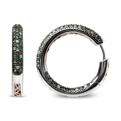 18K witgouden 1,00 Cttw bruine en witte diamant en 1,3 mm ronde groene tsavoriet edelsteen binnen-buiten creolen (bruine en GH-kleur, SI1-SI2 helderheid)
