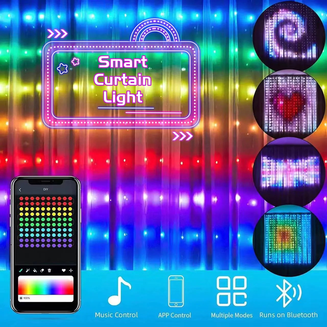 LED Bluetooth Smart RGB-Lichtervorhang - DIY-Lichterkette für Partys, Hochzeiten und Weihnachtsdekoration