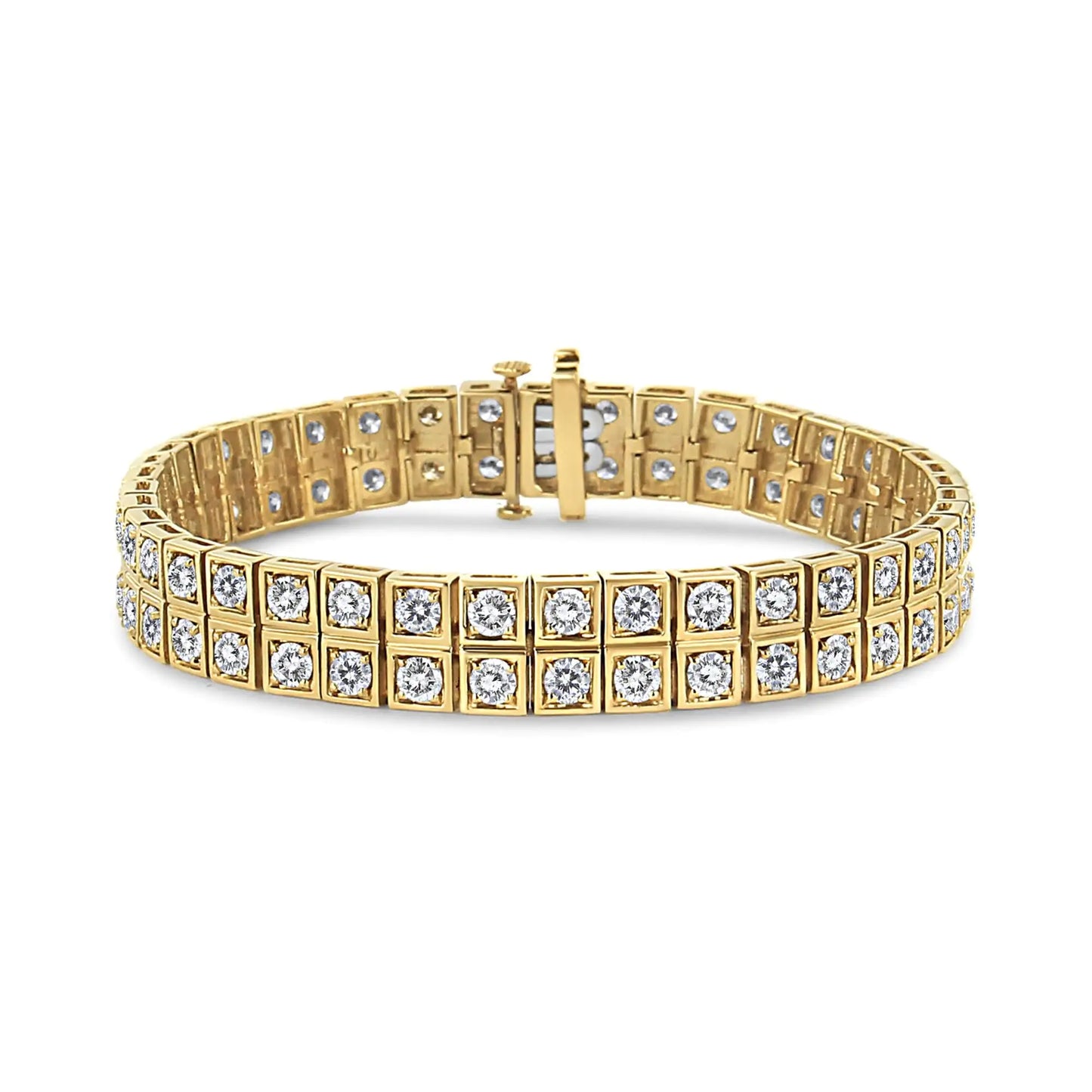 Tennisarmband aus 14 Karat Gelbgold, 8,00 Karat, mit Krappenfassung und runden Diamanten im Art-Deco-Stil, zweireihig, mit quadratischem Rahmen (Farbe JK, Reinheit I1-I2), Größe 7,25 Zoll