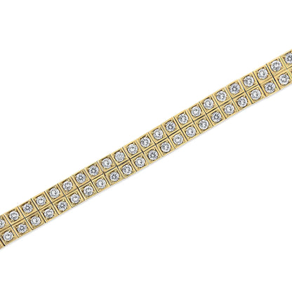 Tennisarmband aus 14 Karat Gelbgold, 8,00 Karat, mit Krappenfassung und runden Diamanten im Art-Deco-Stil, zweireihig, mit quadratischem Rahmen (Farbe JK, Reinheit I1-I2), Größe 7,25 Zoll