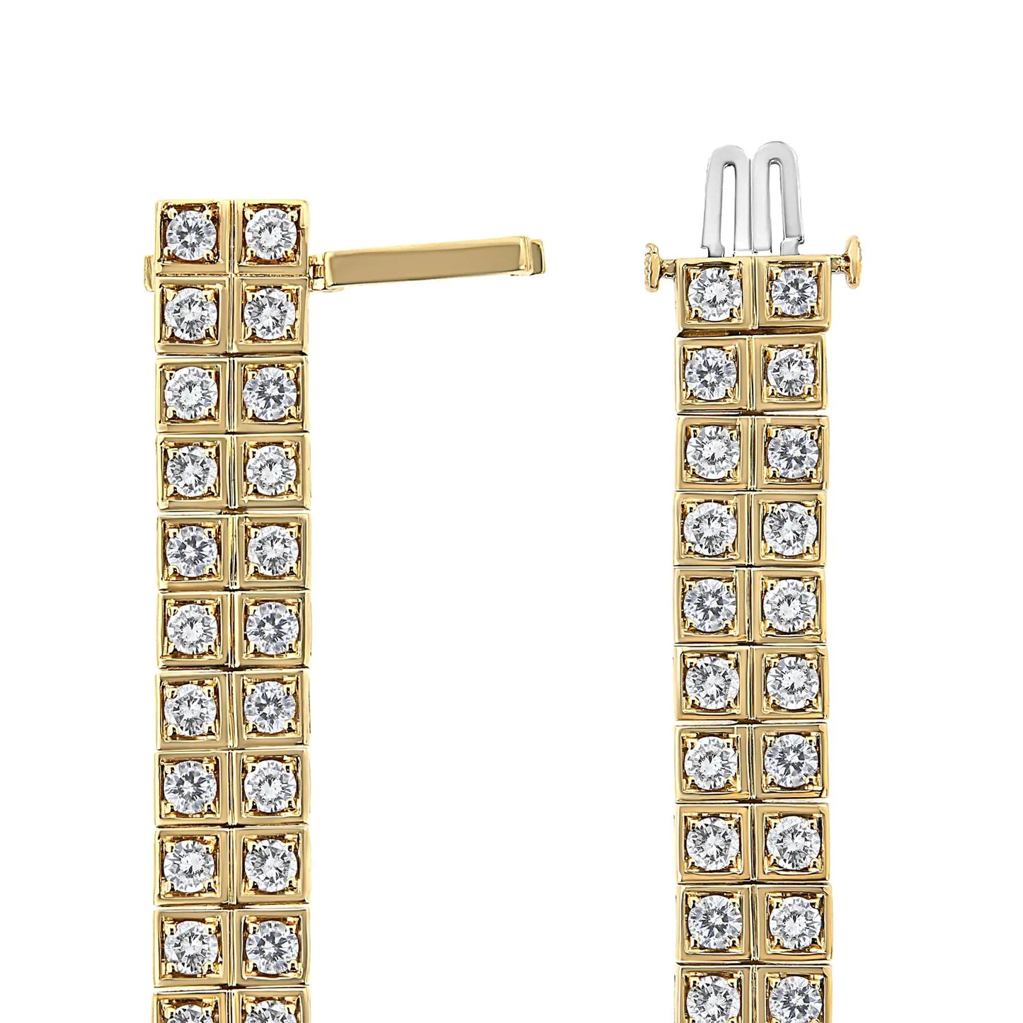 Tennisarmband aus 14 Karat Gelbgold, 8,00 Karat, mit Krappenfassung und runden Diamanten im Art-Deco-Stil, zweireihig, mit quadratischem Rahmen (Farbe JK, Reinheit I1-I2), Größe 7,25 Zoll