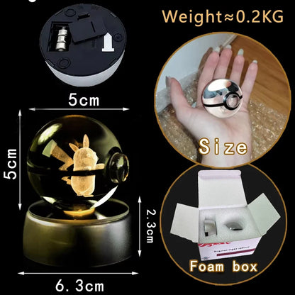 Pokemon Crystal Ball 3D Pikachu Anime Gengar Mew Mewtwo Lamp Base Pokeball Crystal Pokemon Glass Ball Figure Led Night Light